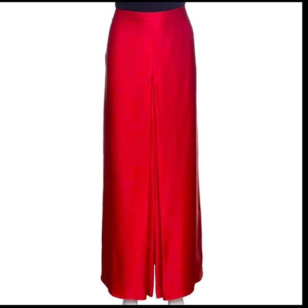 Carolina Herrera Red Silk Satin Front Slit Detail Maxi Skirt Sz 12